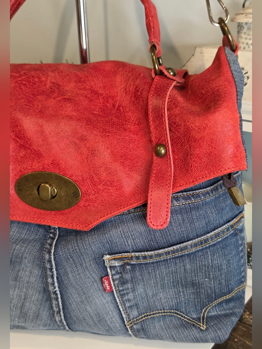 Levi's Denim & Red Italian Leather Convertible Handbag - Picture 3 of 12
